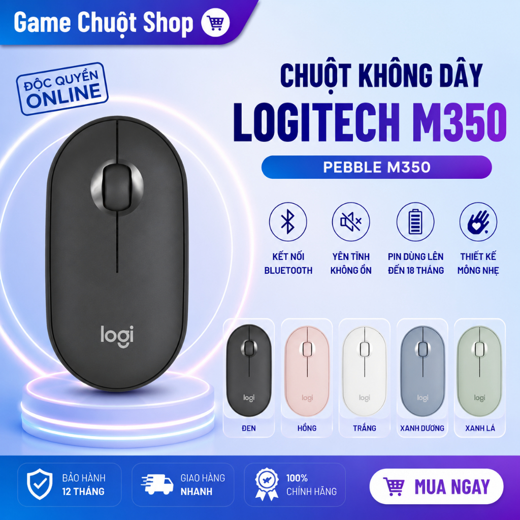 Chuột Logitech Pebble M350 Bluetooth + USB, Silent Click, Thiết Kế Mỏng Nhẹ, Tương Thích iPad Laptop