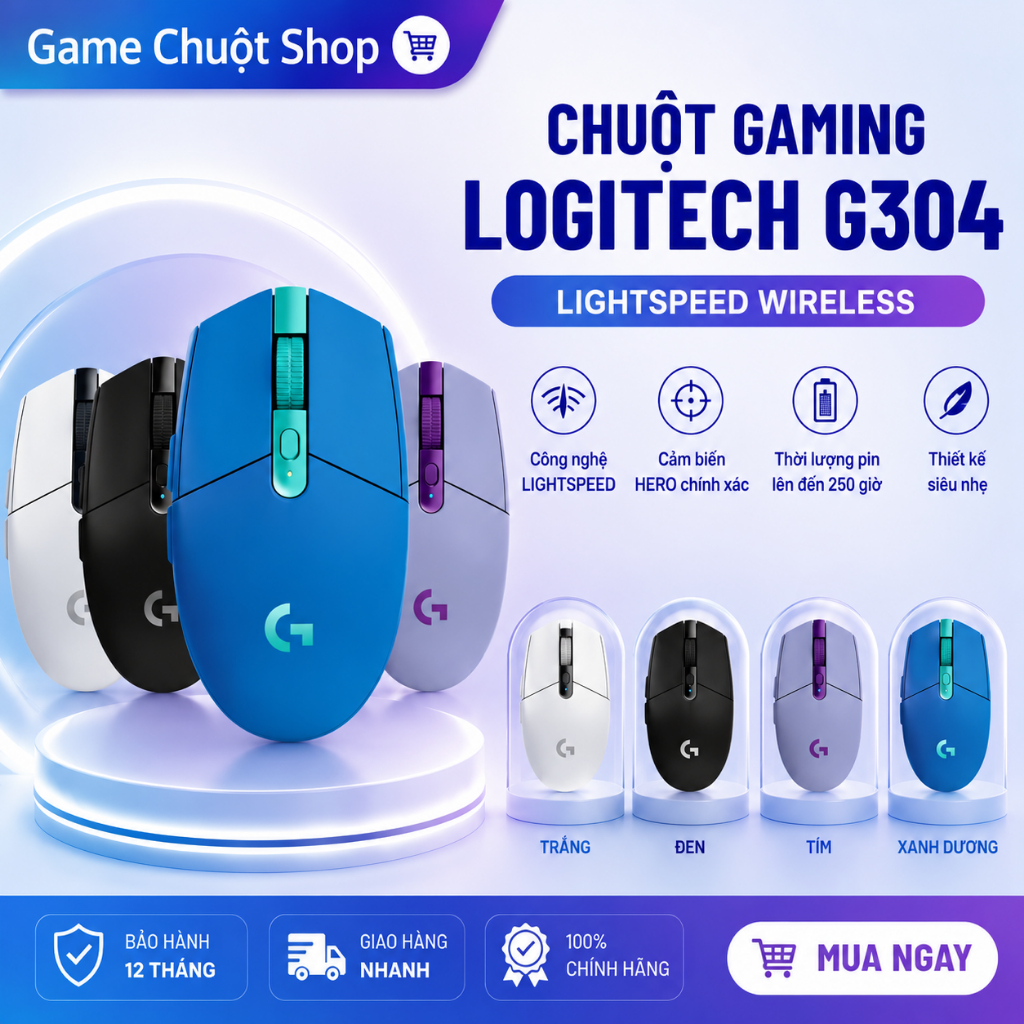 Chuột Gaming Logitech G304 Wireless LIGHTSPEED, HERO Sensor 12000 DPI, Pin 250 Giờ, USB Receiver, Bả