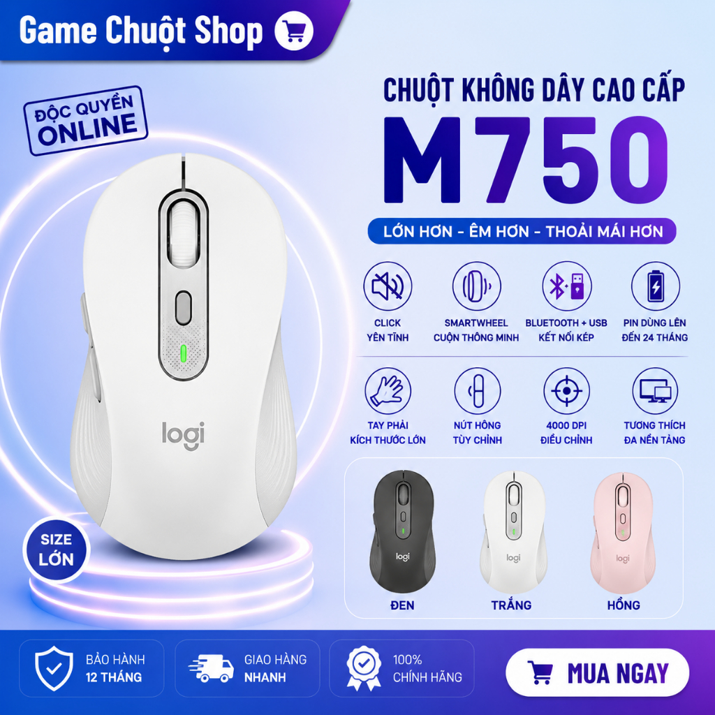 Chuột Logitech M750 Bluetooth + USB, Silent Click, SmartWheel, Công Thái Học, Bảo Hành 12 Tháng