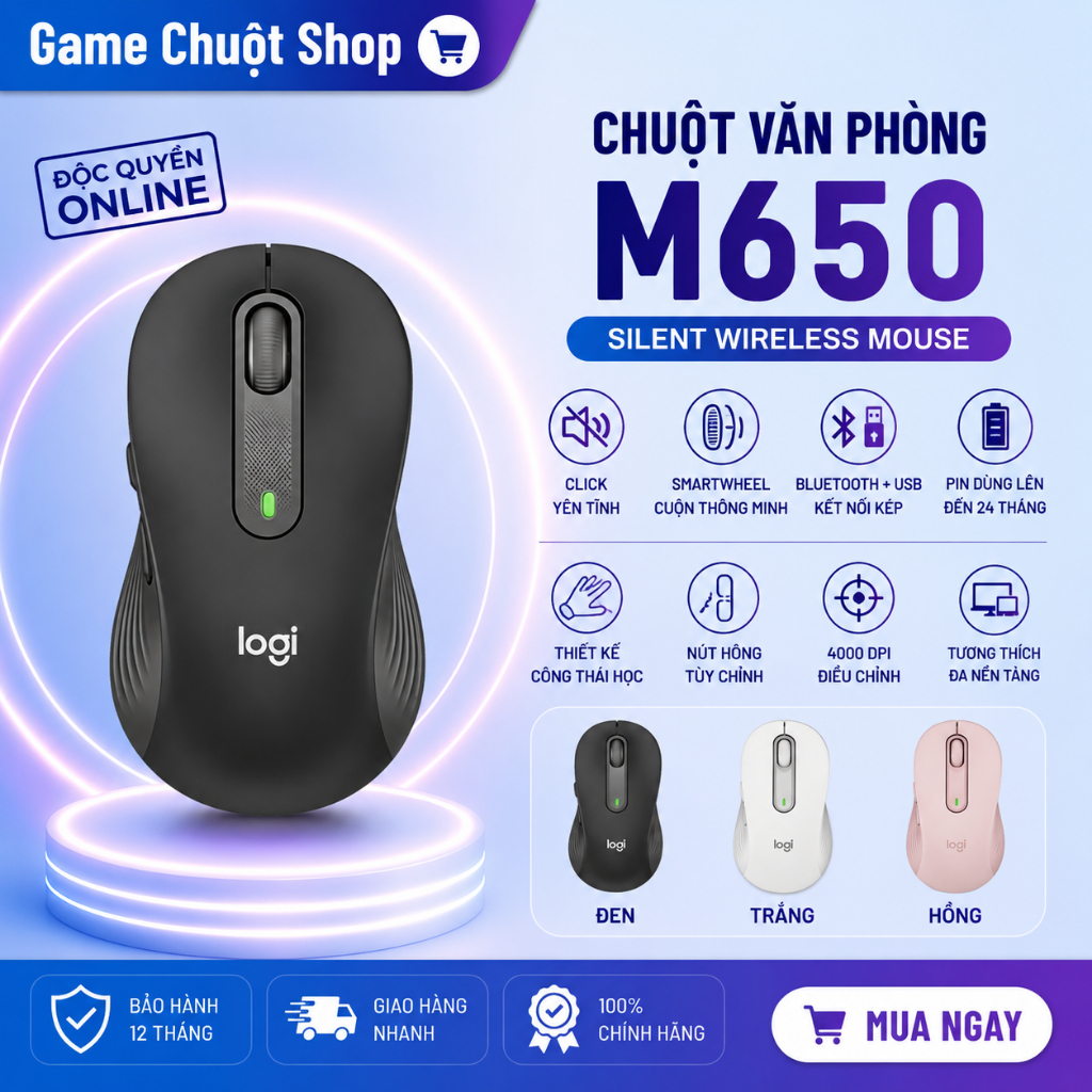 Chuột Logitech Signature M650/M650L Bluetooth + USB, SmartWheel, Silent Click, Bảo Hành 12 Tháng