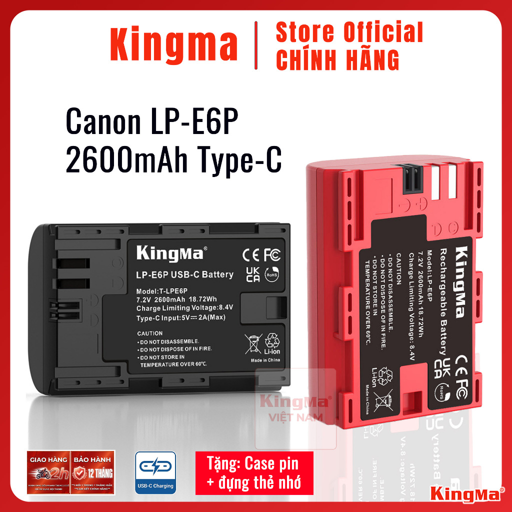 Kingma LP-E6P 2600mAh | Pin sạc trực tiếp máy ảnh cho Canon EOS R63 R52 R R52 R6 R5 5D2 5D3 5D4 6D 6