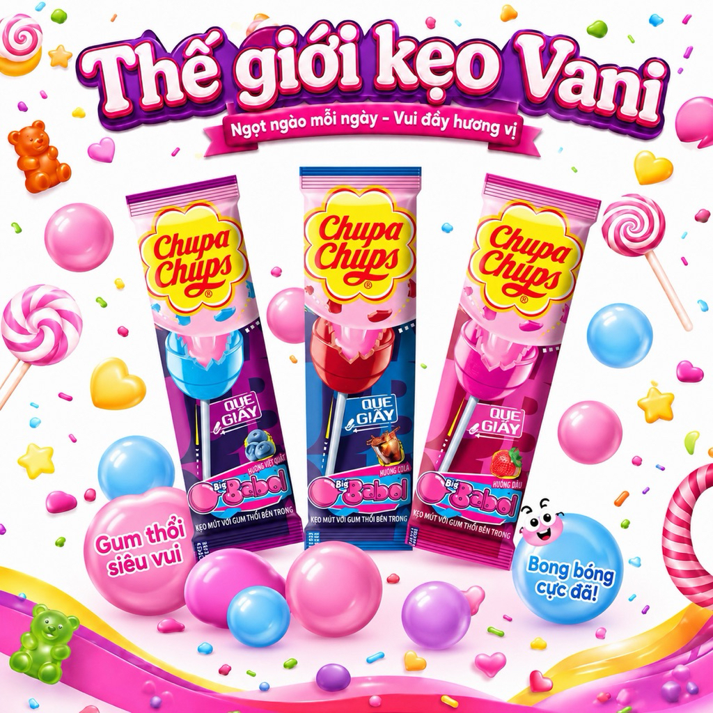 Túi kẹo mút Chupa chups nhân gum thổi Big Babol vị cola, dâu, việt quất