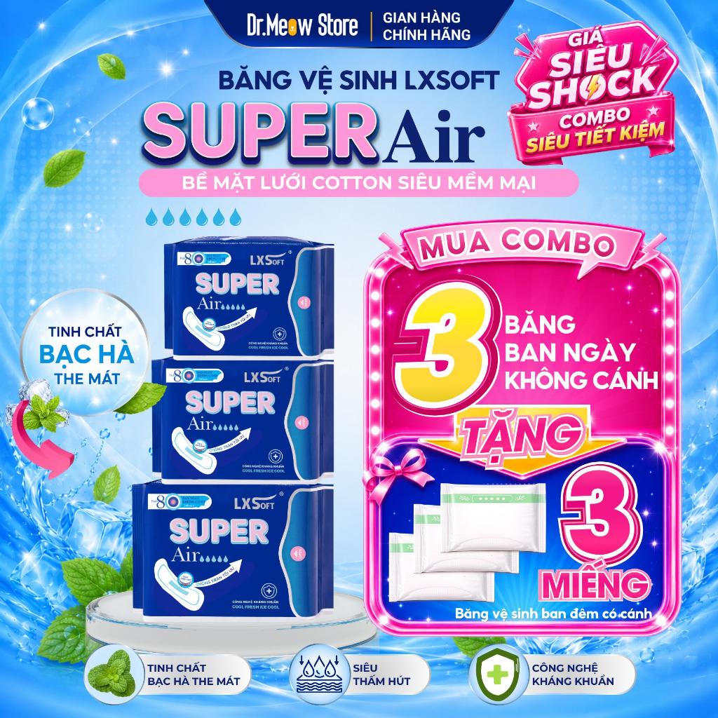 [Mua 3 Tặng 3] Combo 3 Gói Băng vệ sinh LXSOFT SUPER AIR Ban Ngày Không Cánh Siêu Mỏng, Bạc Hà 240mm