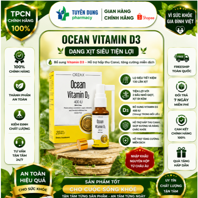 Xịt Vitamin D3 Ocean Orzax Lọ 20ml hỗ trợ phát triển chiều cao tăng sức đề kháng cho bé nhập khẩu ch