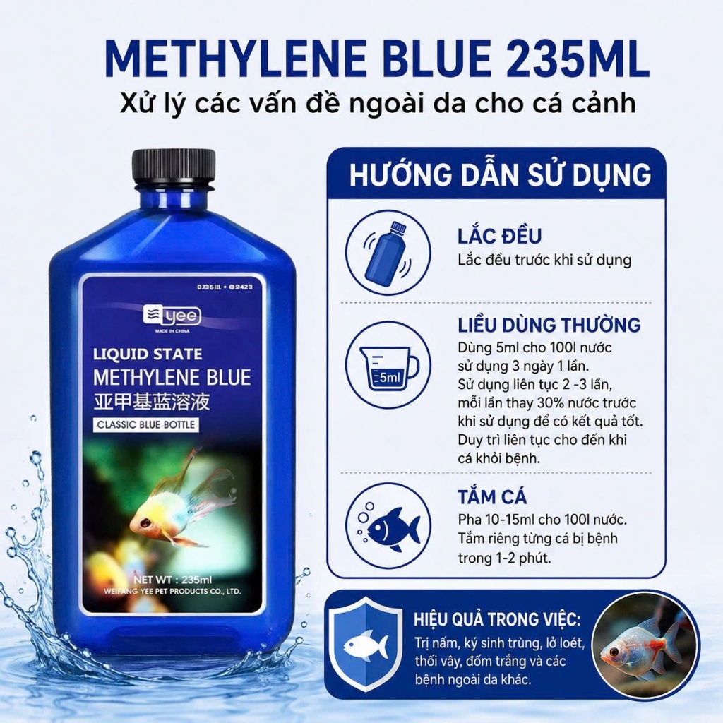 Xanh MethyLene Blue Chiết 235ml, Ngăn Ngừa Nấm Ngoài Da, Khử Trùng Vết Thương Cho Cá