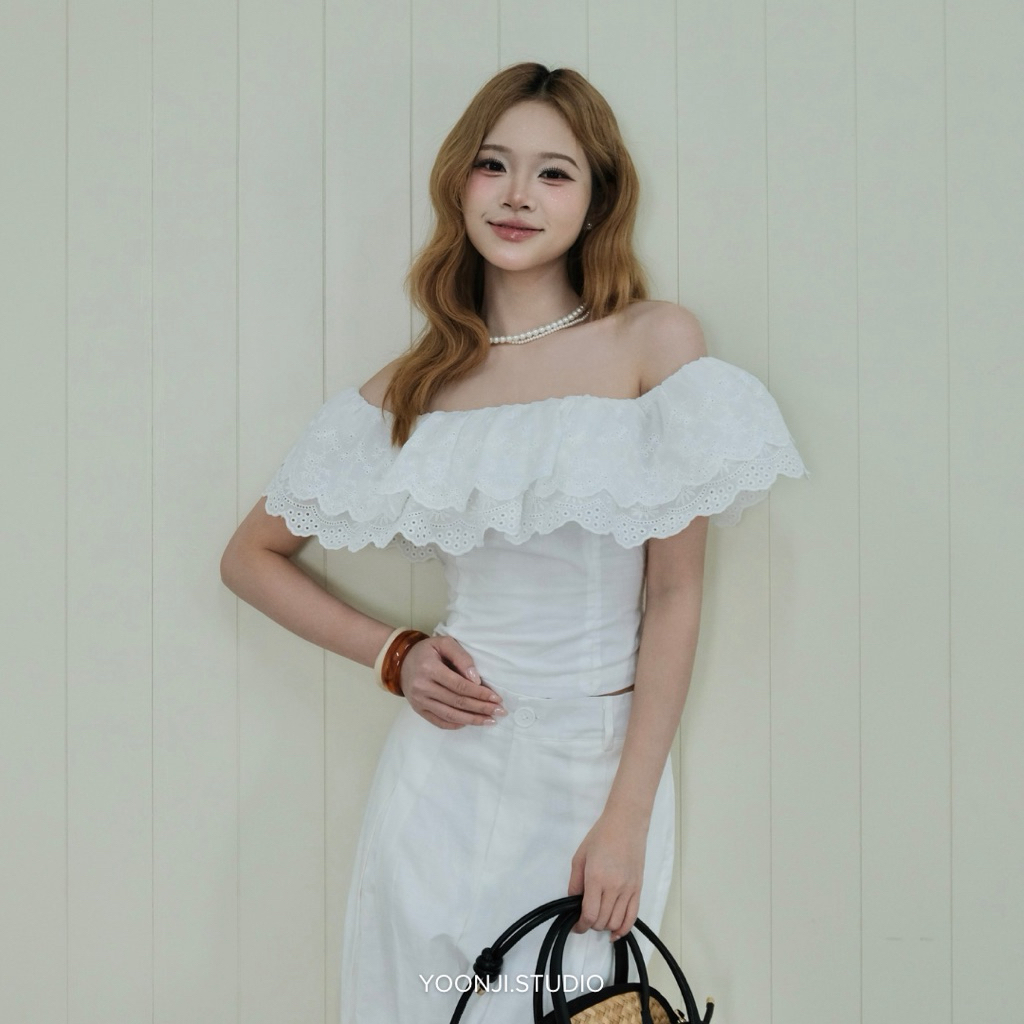 YOONJI - Áo trễ vai thô boy phối ren lưng chun