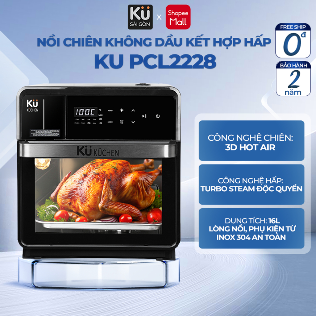 (Hỏa Tốc) Nồi Chiên Không Dầu Kết Hợp Hấp Ku Kuchen PCL2228 (16L) 11 chế độ chiên hấp, BH 2 Năm