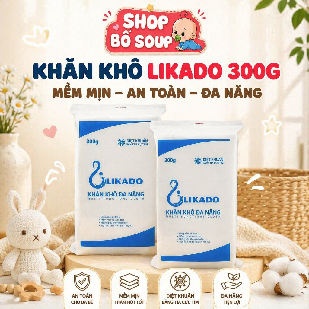 Khăn khô Likado, khăn khô đa năng cho bé cao cấp 300g mềm mịn an toàn cho bé 270 tờ kích thước 14x20
