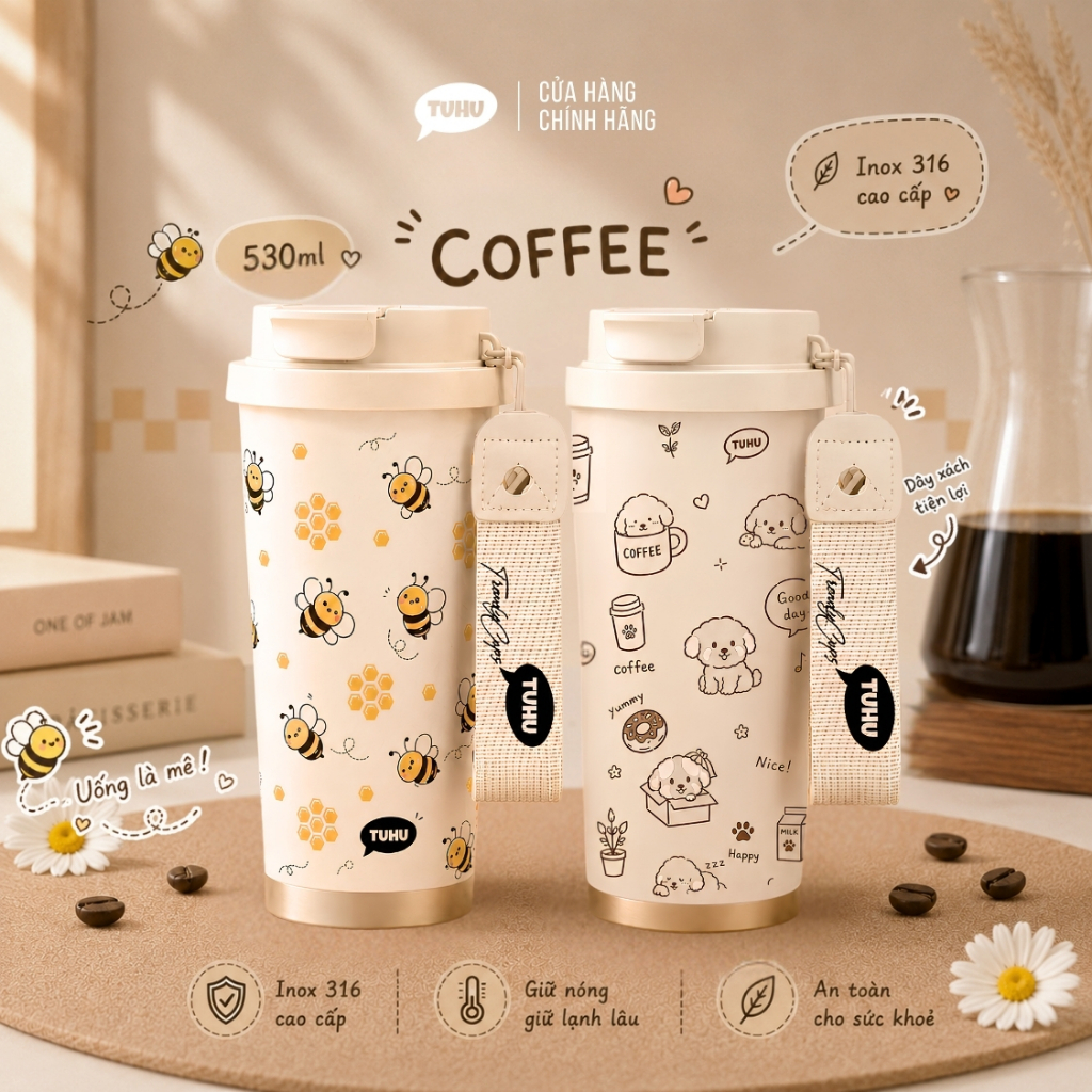 Bình giữ nhiệt COFFEE 530ml phủ sứ, ly giữ nhiệt nóng lạnh cao cấp khắc tên theo yêu cầu – TUHUHOUSE