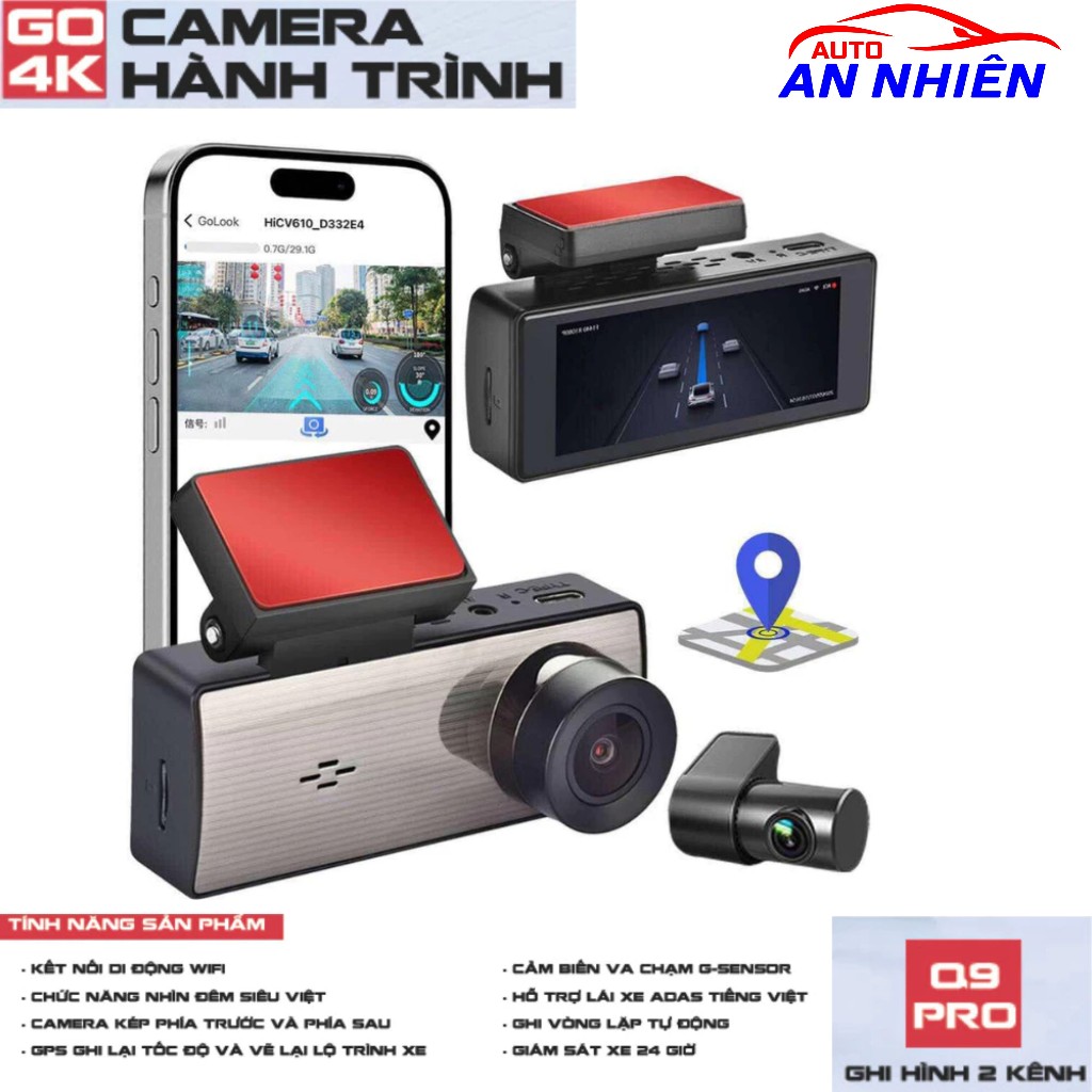 Camera Hành Trình Q9 Pro 4K / X16 3K 2 Mắt Trước Sau - GPS Lưu tốc độ, Kết Nối WiFi với Điện Thoại