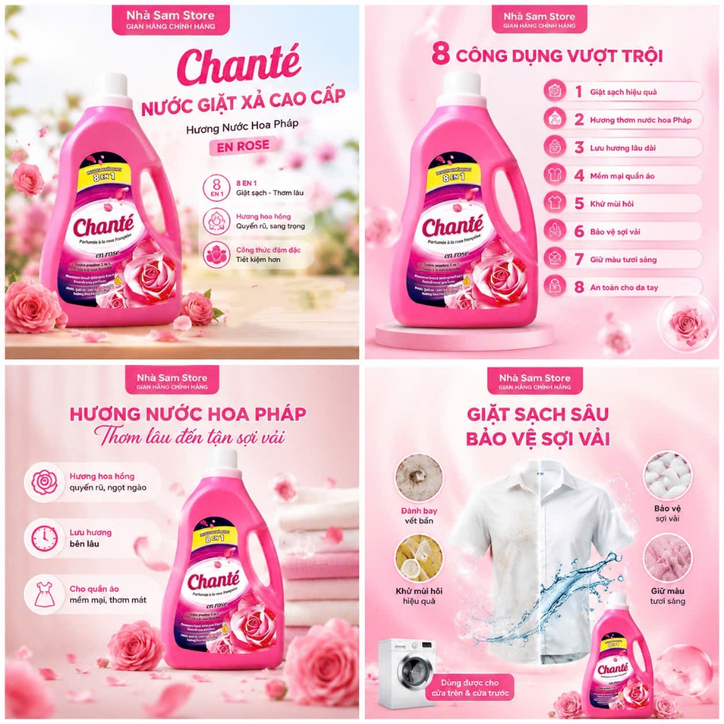 NƯƠC GIẶT XẢ CHANTE CAO CẤP 8 TRONG 1 HƯƠNG HOA HỒNG PHÁP 3.1Kg - CAN