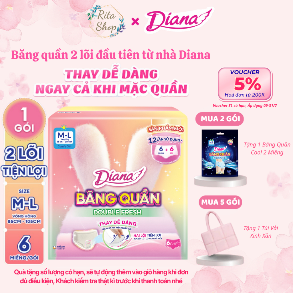 Diana Băng Quần Double Fresh Gói 6 Chiếc - Băng Quần Hai Lõi Tiện Lợi, Thay Mới Dễ Dàng (Rita Shop)