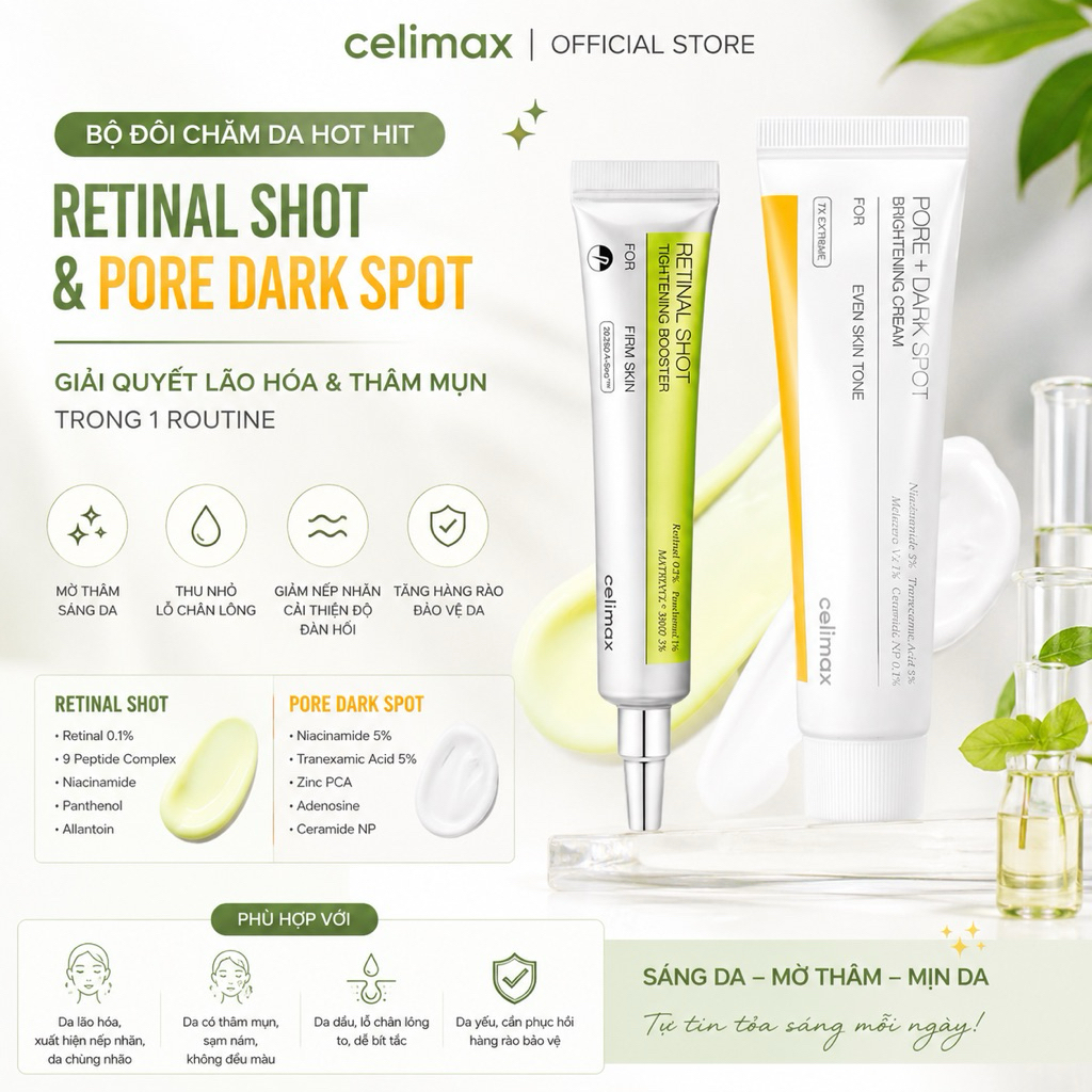 Combo Giảm Nhăn - Dưỡng Trắng Retinal Celimax + fore dark spot cream