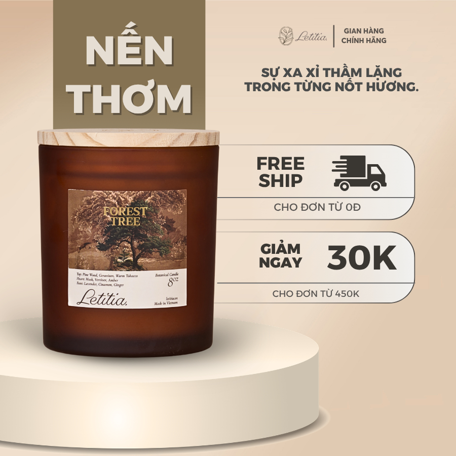 Nến Thơm Letitia Cao Cấp Thiên Nhiên Forest Tree - Hương Gỗ Thông, Xạ Hương 3 Size 130gr/220gr/300g