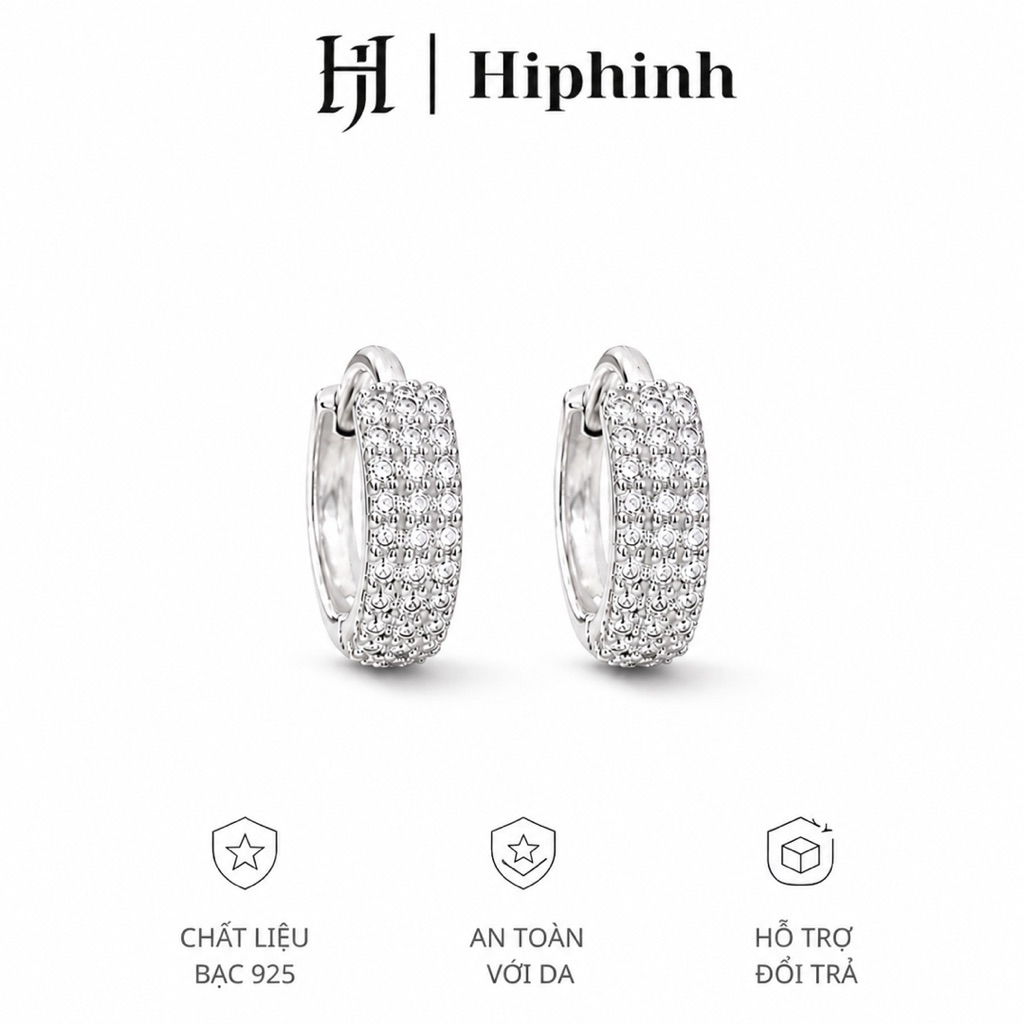 Khuyên tai tròn bấm 3 hàng đá mặt trước lấp lánh Hiphinh Jewelry