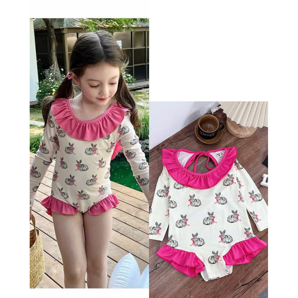 [LiA baby’s ] Set đồ bơi bikini thỏ hồng cho bé gái dài tay cổ bèo hồng kute (9-30kg)
