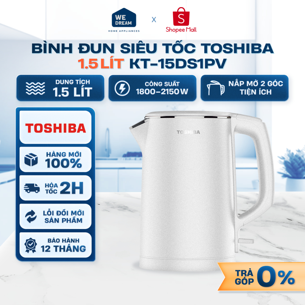 KT-15DS1PV - Bình Đun Siêu Tốc Toshiba 1.5 Lít KT-15DS1PV - Hàng Chính Hãng, Mới 100%
