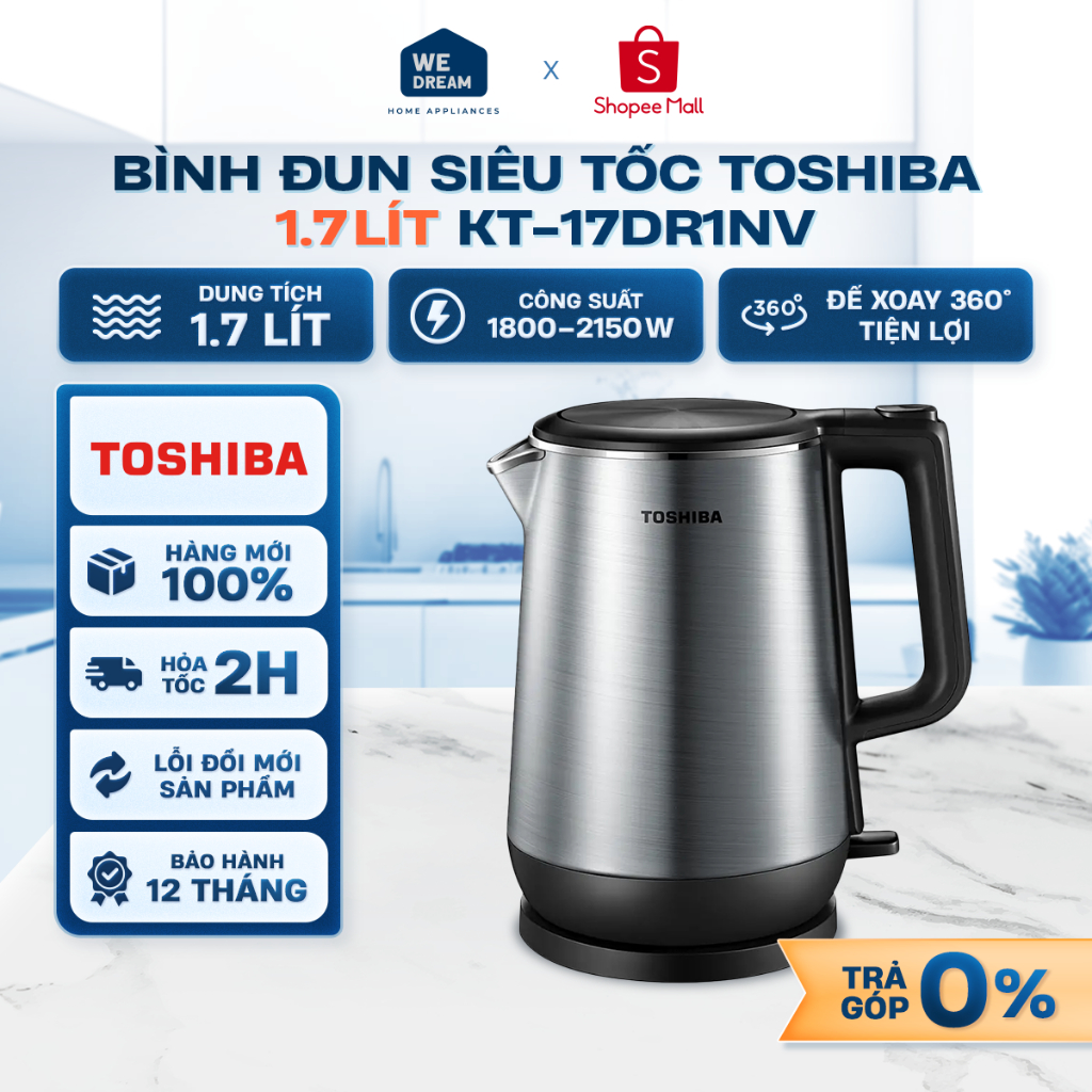 KT-17DR1NV - Bình Đun Siêu Tốc Toshiba 1.7 Lít KT-17DR1NV - Hàng Chính Hãng, Mới 100%