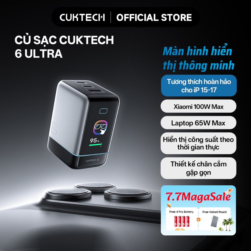 Củ Sạc Nhanh CUKTECH GaN 100W Màn Hình Hiển Thị 3 Cổng Type-C Sạc Laptop 65W Tương Thích iP 17 Pro Max/MacBook/Xiaomi | BigBuy360 - bigbuy360.vn