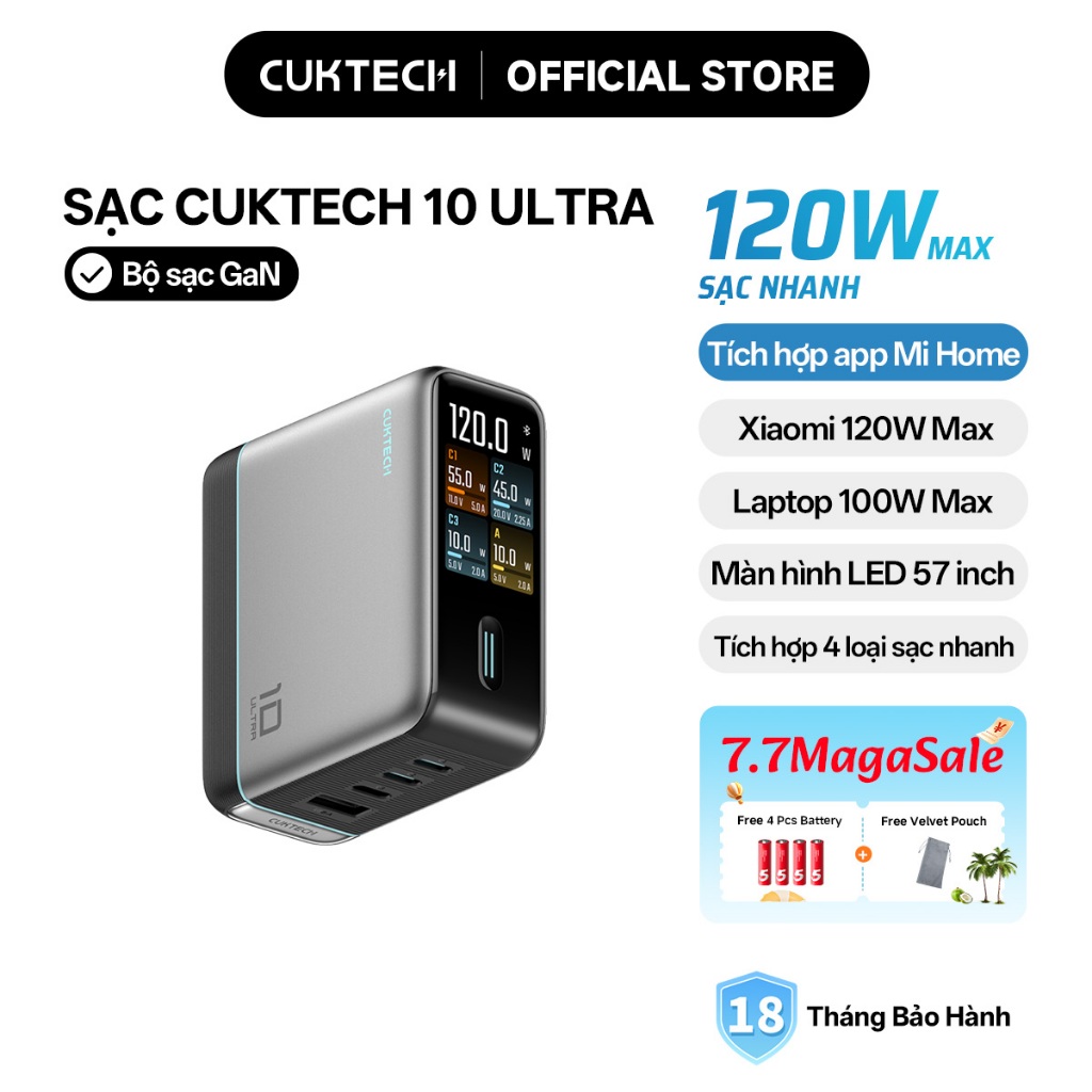 Củ Sạc Nhanh CUKTECH GaN 120W 4 Cổng Điều Khiển App Mi Home Cho Laptop/iP 17/16/15 Pro Max/Xiaomi 17/Samsung S26 | BigBuy360 - bigbuy360.vn