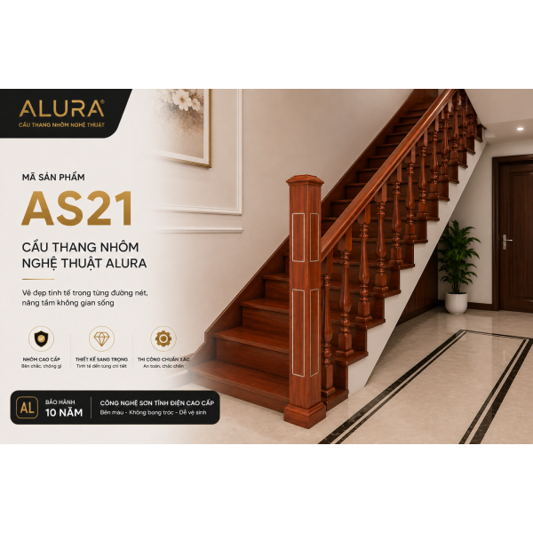 Cầu Thang Nhôm Nghệ Thuật Alura AS21 Cao Cấp | Lan Can Cầu Thang Nhôm Sơn Tĩnh Điện Vân Gỗ Bền Đẹp