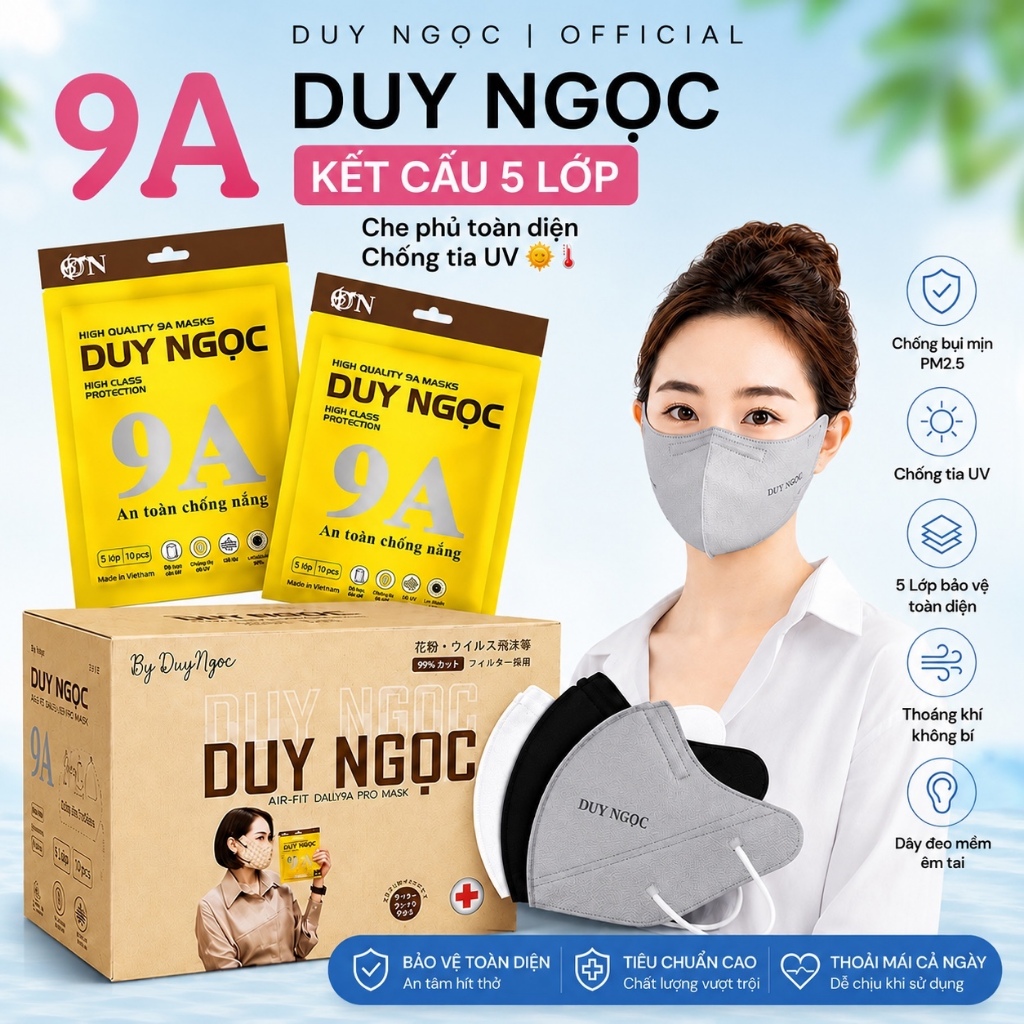 [200 chiếc] Khẩu trang 9A Duy Ngọc 5 Lớp Kháng Khuẩn, chống nắng toàn diện,che kín khuôn mặt