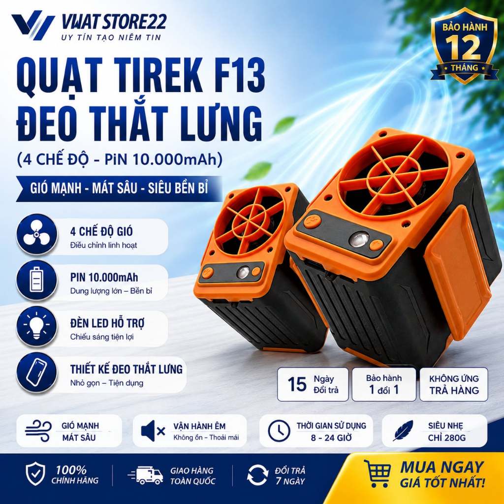 Quạt đeo thắt lưng Tirek F13 SOPMEDIA Quạt pin 10000mAh chạy liên tục 15-24h Tích Hợp Sạc Dự Phòng