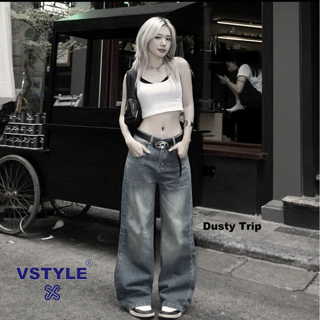 VSTYLE - Quần Jean Suông Ống Rộng Wash Cạp Cao, Quần Unisex Nam Nữ