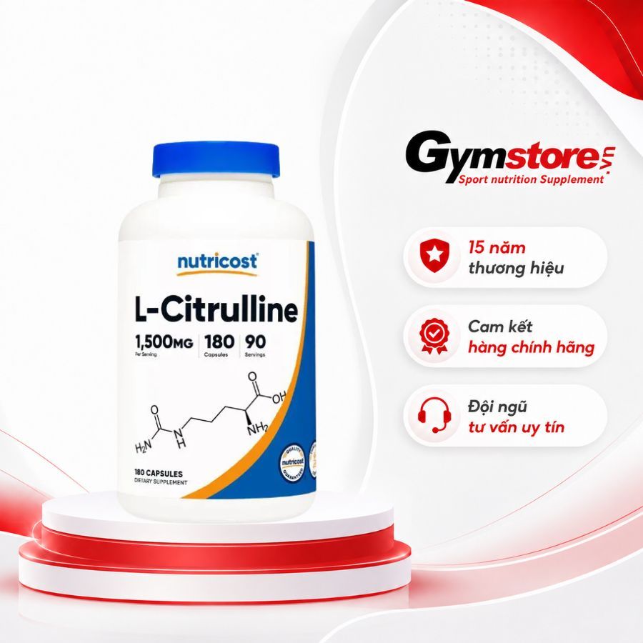 Viên uống Nutricost L-Citrulline 1500mg (180 viên), hỗ trợ tăng hiệu suất tập - Gymstore