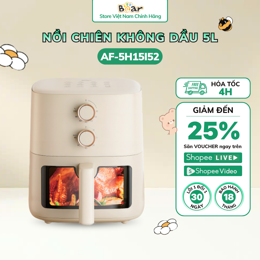 Nồi Chiên Không Dầu Bear 5L Đa Năng Nướng Bánh Giảm Dầu Mỡ Tiện Lợi Healthy AF-5H15I52