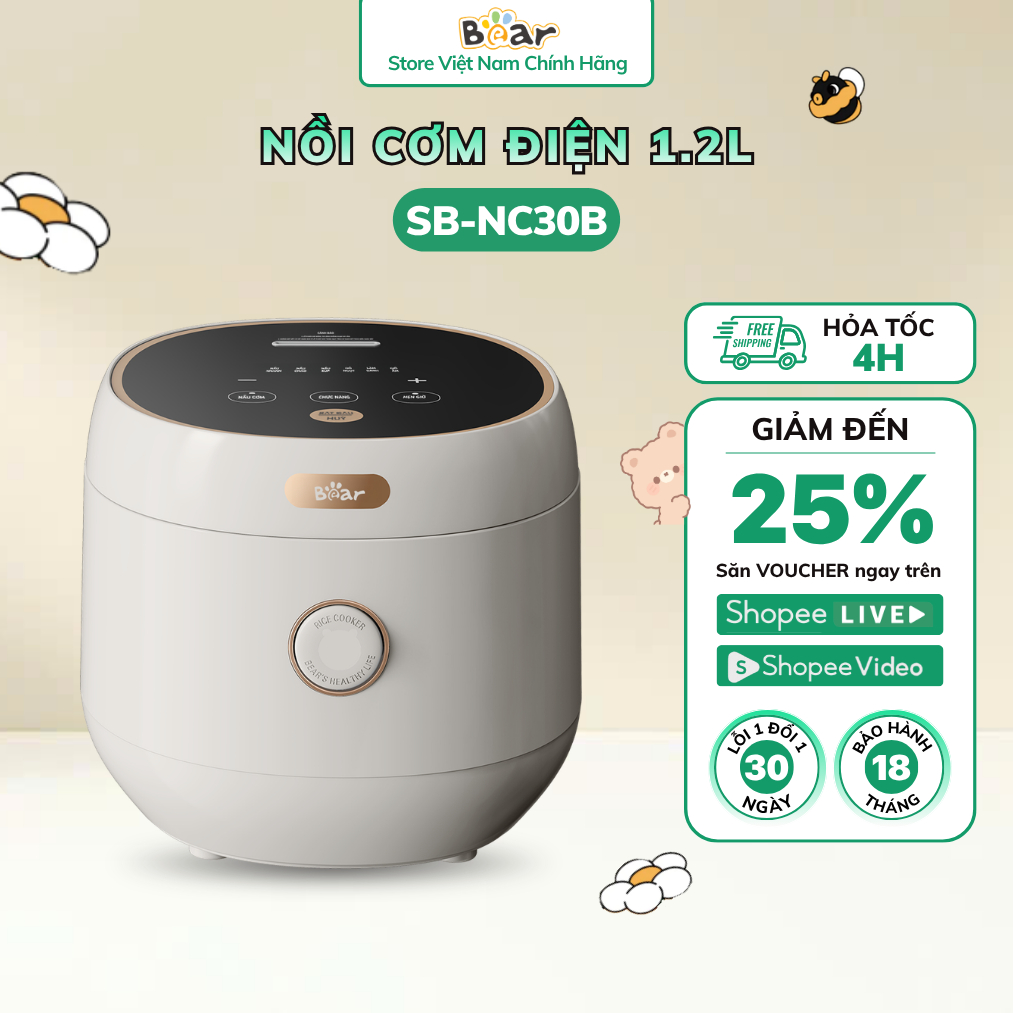 Nồi Cơm Điện Bear 1.2L 6 Lớp Nấu Cơm Cháo Hầm Hấp Hẹn Giờ Giữ Ấm Đa Năng SB-NC30B