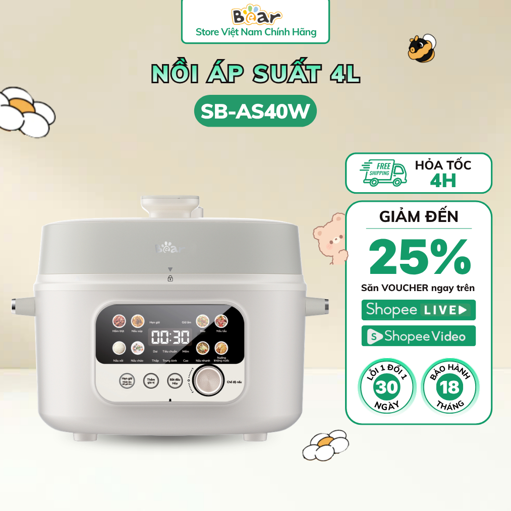 Nồi Áp Suất Bear 4L Đa Năng 8 Chế Độ Ninh Hầm Lẩu Nấu Nhanh Chống Dính SB-AS40W