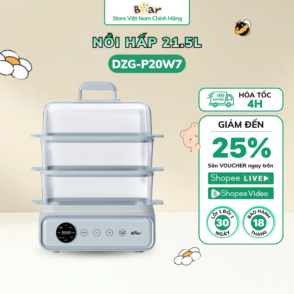 Nồi Hấp Điện Bear 4 Tầng Đa Năng Hấp Xôi Cá Bánh Bao Dễ Dùng Cho Gia Đình DZG-P20W7