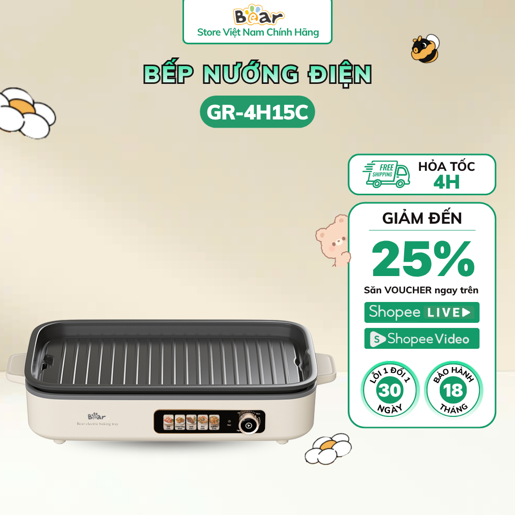 Bếp Nướng Điện Bear Không Khói Ít Dầu Nướng BBQ Đa Năng Công Suất 1500W GR-4H15C