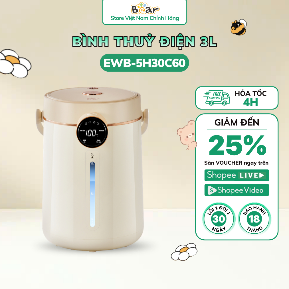Bình Thủy Điện Bear 3L Đun Nước Khử Clo Giữ Nhiệt Chính Xác Tiện Lợi EWB-5H30C60