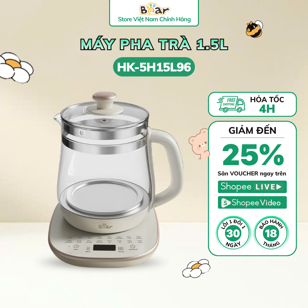 Máy Pha Trà Bear 1.5L Bình Thủy Tinh Đun Nước Pha Trà Giữ Nhiệt An Toàn HK-5H15L96