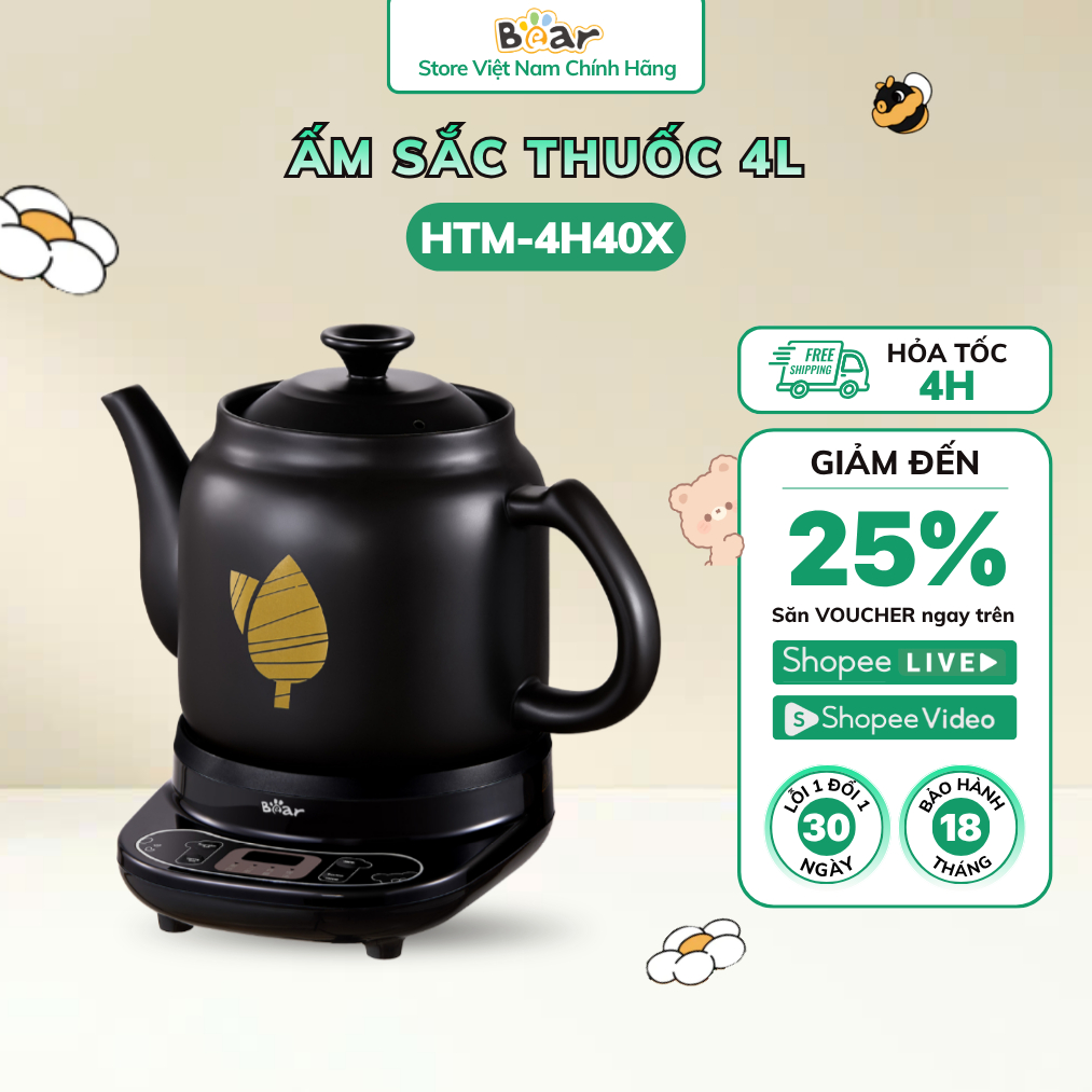 Ấm Sắc Thuốc Bear 4L Điện Gốm Sứ Nấu Thuốc Bắc Đun Nước Pha Trà Dễ Dùng HTM-4H40X