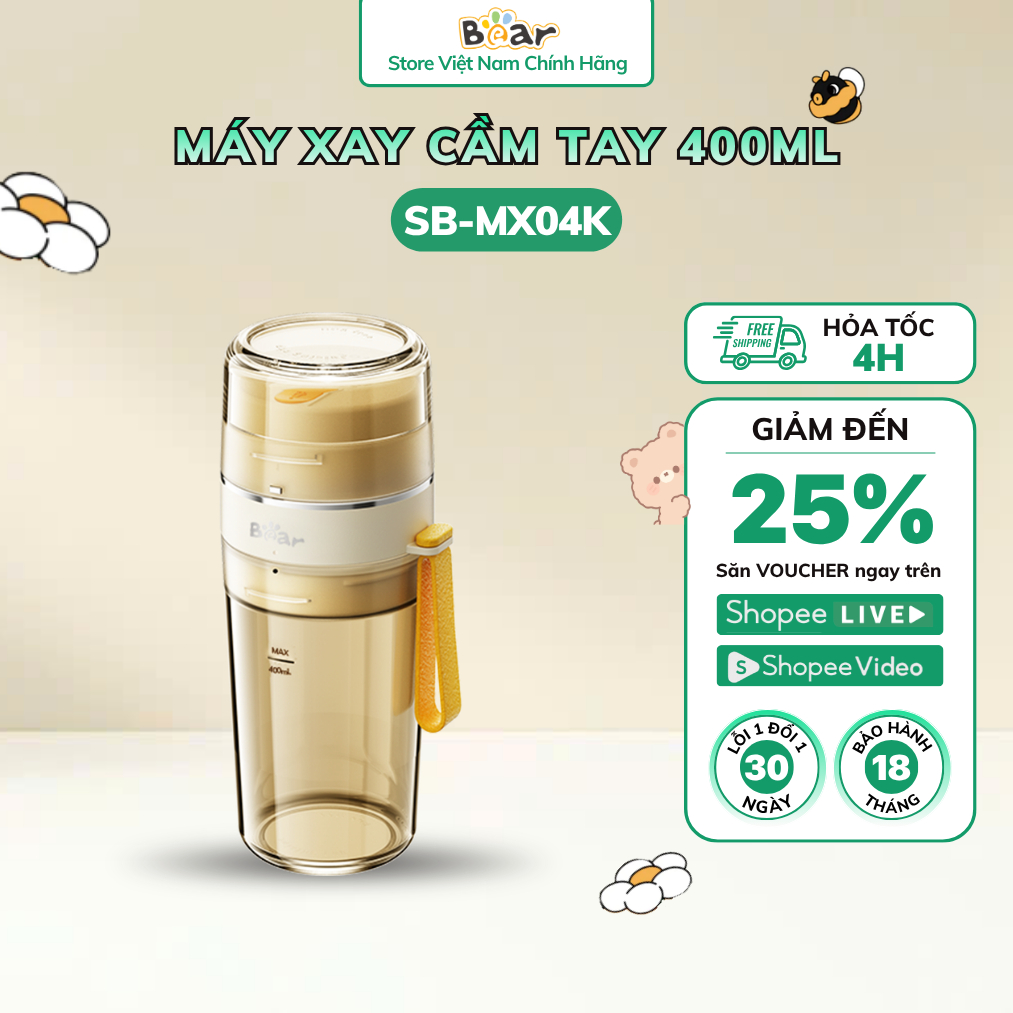 Máy Xay Sinh Tố Cầm Tay Bear 400ml Mini Tích Điện Xay Trái Cây Làm Sinh Tố SB-MX04K