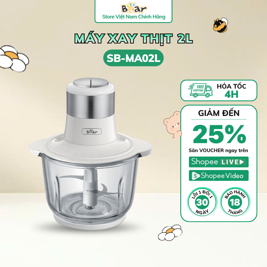 Máy Xay Thịt Bear 2L Xay Rau Củ Hạt Cứng Nhuyễn Mịn Chống Ồn Dễ Vệ Sinh SB-MA02L