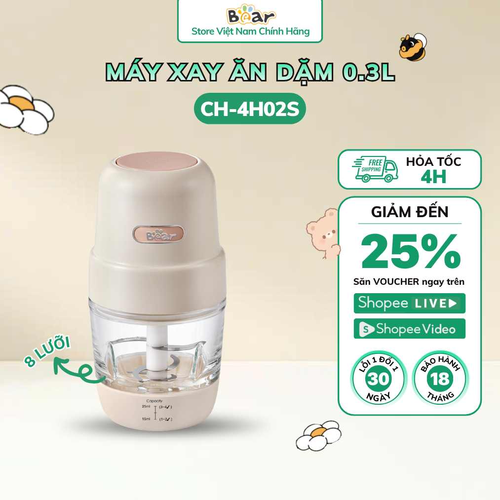 Máy Xay Ăn Dặm Bear 0.3L Xay Nhuyễn 8 Lưỡi Dao Sắc Bén Dễ Dùng Cho Bé CH-4H02S