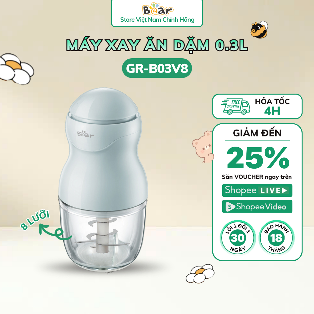 Máy Xay Ăn Dặm Bear Mini Xay Cháo Xay Thịt 8 Lưỡi Nhỏ Gọn Dễ Dùng Cho Bé GR-B03V8