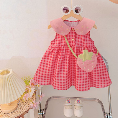 Set Váy Bé Gái Caro Hồng Cổ Dâu Tây Kèm Túi Dâu Đáng Yêu Mềm Thoáng Mùa Hè MINTSCLOSET GS1528