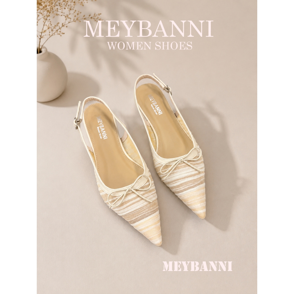 Giày Sandal Đế Bệt MEYBANNI Mũi Nhọn Lưới Ren Xếp Ly Thắt Nơ Siêu Xinh - B660