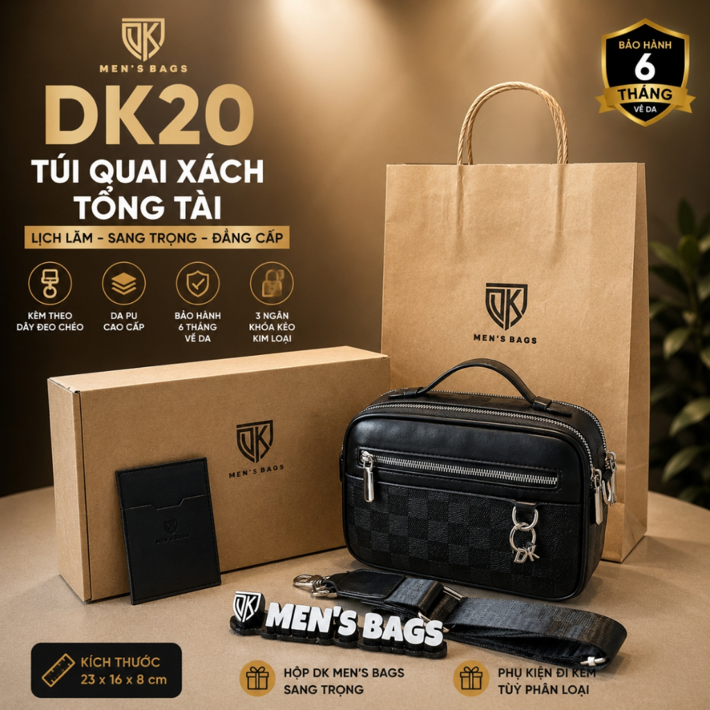 Túi Quai Xách Tổng Tài DK20 Karo Kèm Dây Đeo Chéo - Da PU Cao Cấp | DK Men's Bags