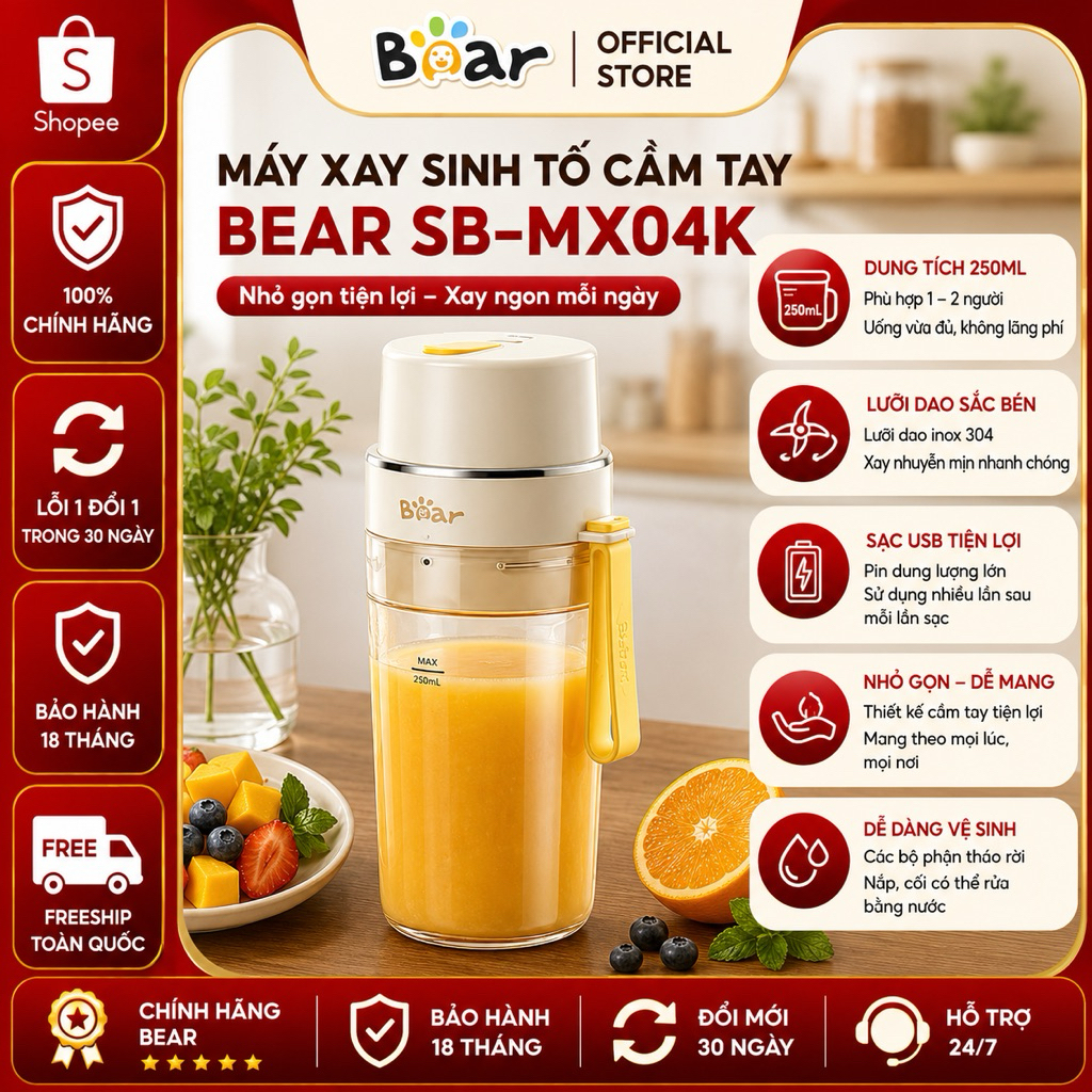 Máy Xay Sinh Tố Cầm Tay Bear SB-MX04K Sạc Pin 400ml Xay Đá Mini Tiện Lợi Bảo Hành 18 Tháng