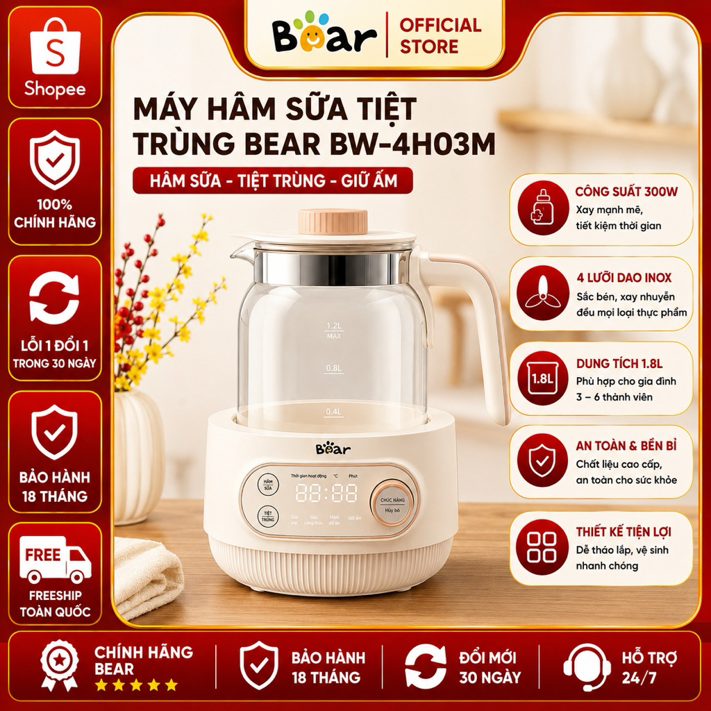 Máy Đun Nước Pha Sữa Bear 1.2L WW-4H12M 800W 9 Chức Năng Giữ Nhiệt 72H Pha Sữa Chuẩn Nhiệt