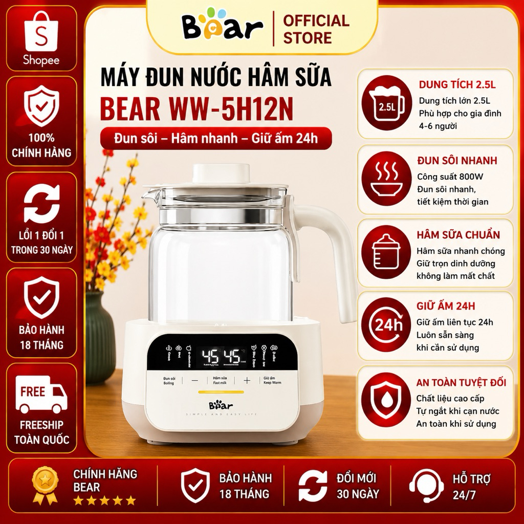 Máy Đun Nước Hâm Sữa Bear WW-5H12N 1.3L 8 Chức Năng Giữ Nhiệt 72H Pha Sữa Chuẩn Nhiệt BH 18 Tháng