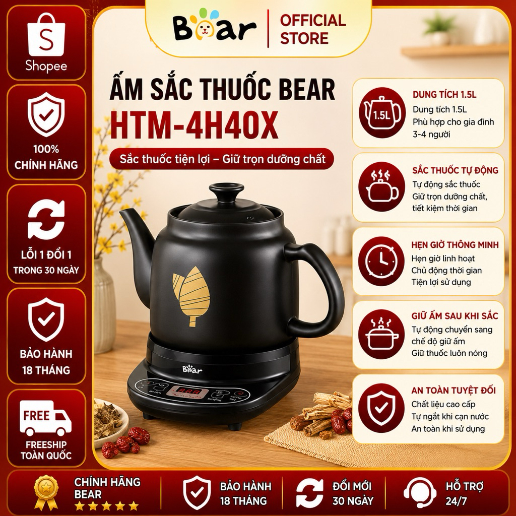Ấm Sắc Thuốc Bear HTM-4H40X 4L Sắc Thuốc Đông Y Tự Động Sắc Lần 2 Hẹn Giờ Bảo Hành 18 Tháng