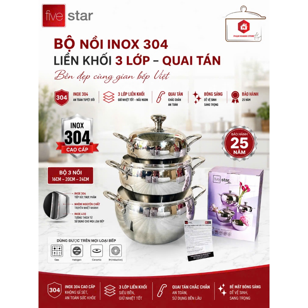 Nồi Quánh Inox Fivestar Plus 3 Lớp Liền Khối Cao Cấp Inox 304