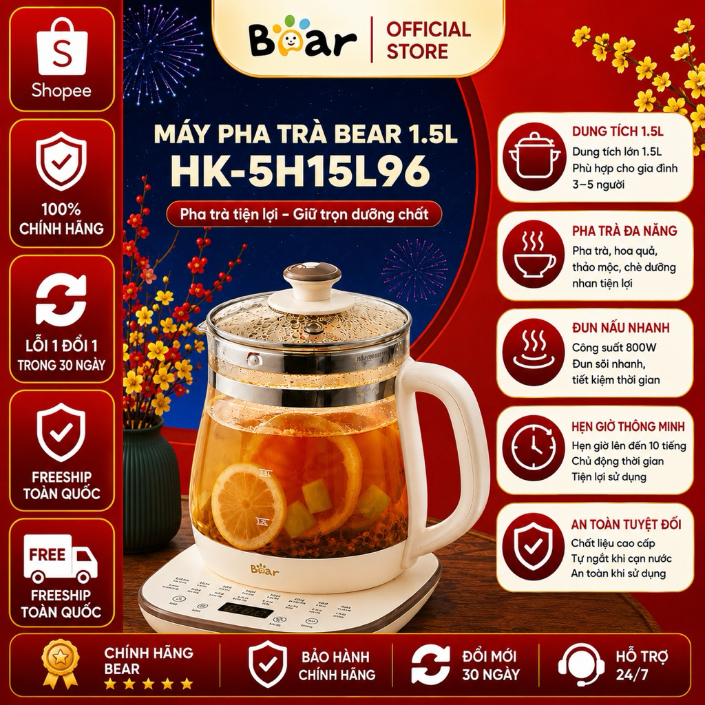 Máy Pha Trà Bear 1.5L HK-5H15L96 16 Chức Năng Giữ Ấm 24H Hẹn Giờ 12H Bảo Hành 18 Tháng